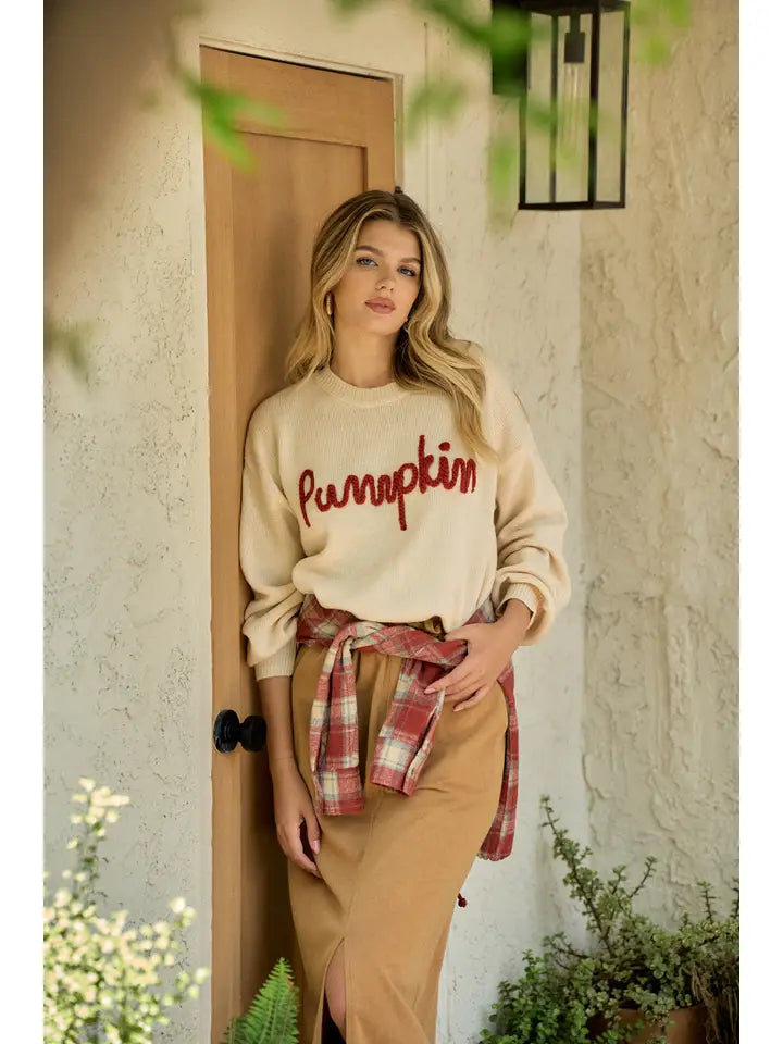 Doe and Rae Women's Pumpkin Letter Embroidered Oversized Sweater Top