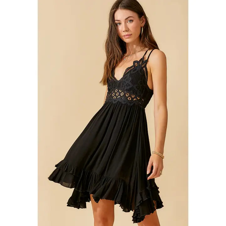 La Miel Crochet Lace Trim Sleeveless Bralette Mini Dress