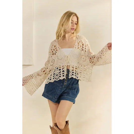 Veveret Women's Crochet Bell Sleeve Top with Tie Front