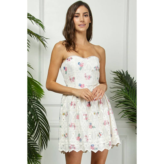 Veveret Flower Printed Lace Tube Mini Dress