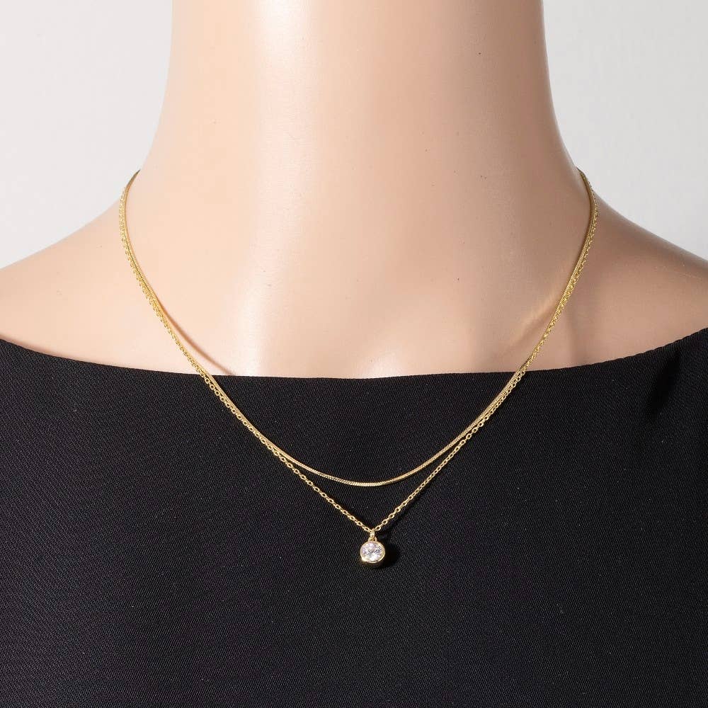 Round Cz Pendant Layered Chains Necklace