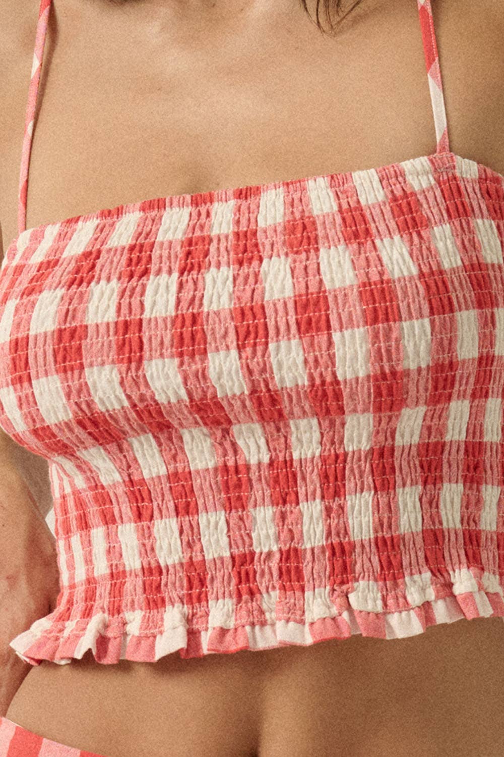 Promesa Gingham Plaid Smocked Cropped Ruffle Cami Top
