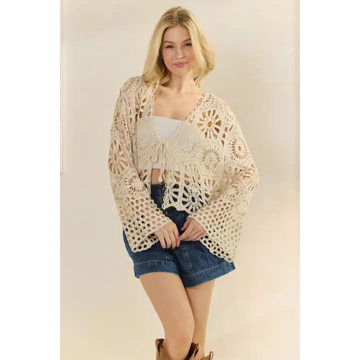 Veveret Women's Crochet Bell Sleeve Top with Tie Front