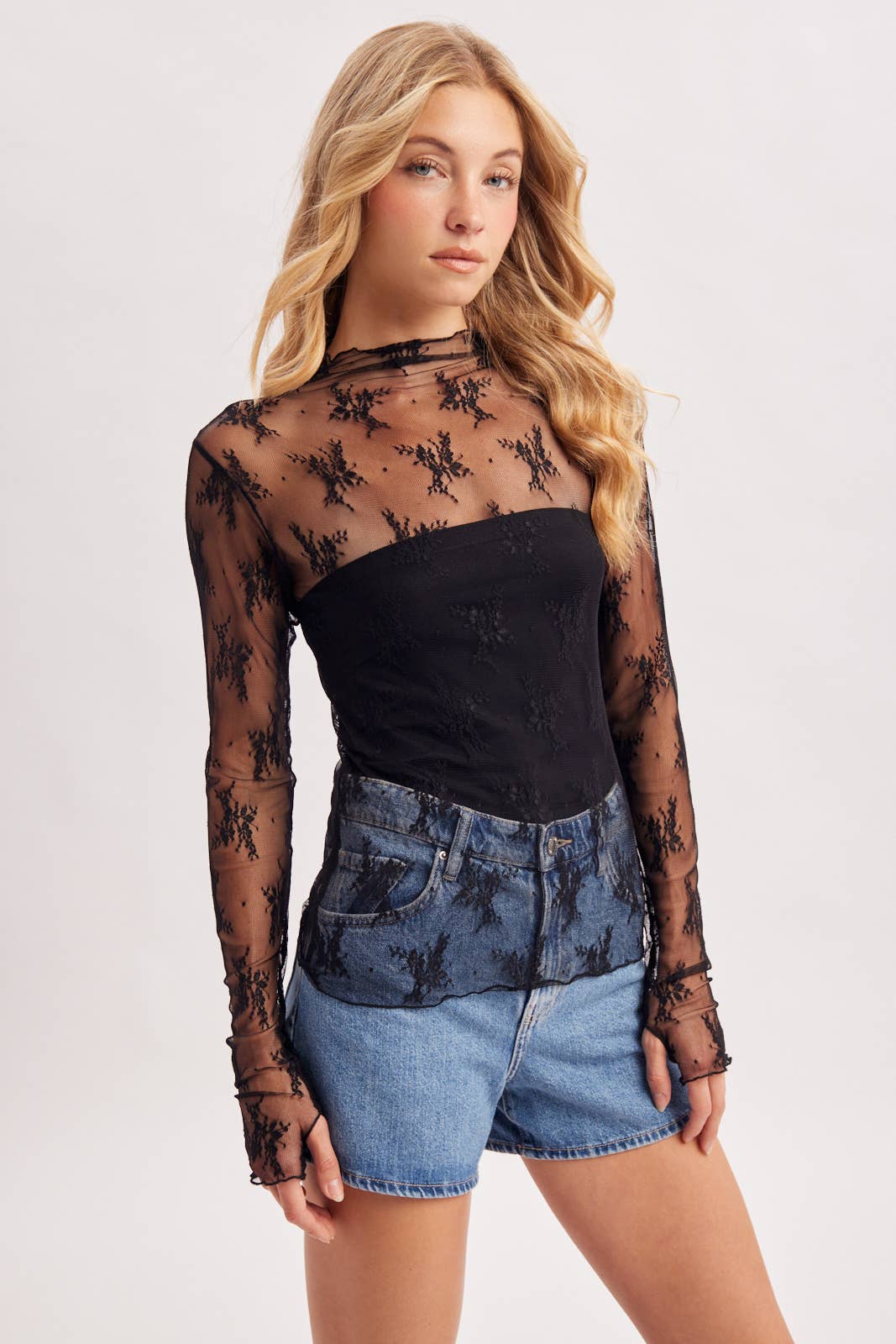 BLUIVY FLORAL EMBROIDERY LACE MESH LAYERING TOP