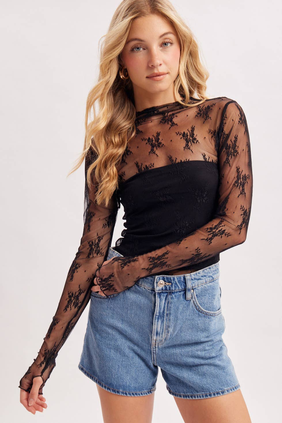 BLUIVY FLORAL EMBROIDERY LACE MESH LAYERING TOP