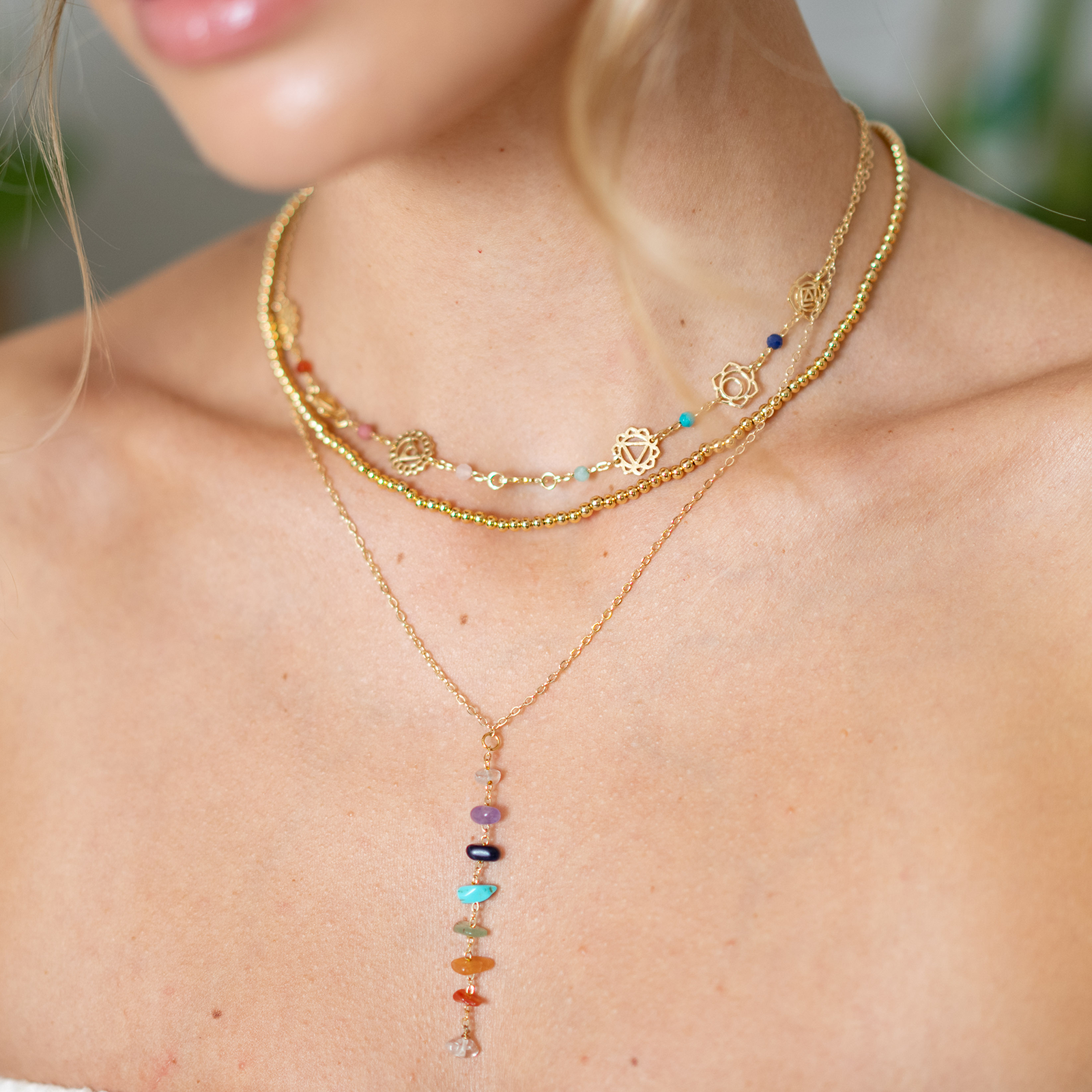 Lotus and Luna 7 Chakras Healing Necklace (Gold)