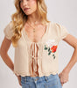 BLUE IVY WOMEN'S EMBROIDERED CAP SLEEVE OPEN FRONT SELF-TIE KNIT TOP