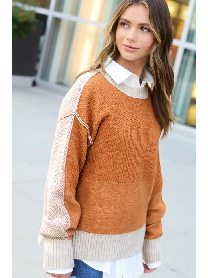 La Miel Women's Loose Fit Color Block Textured Round Neck Sweater