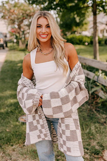 Oversized Checkerboard Chunky Cardigan Sweater