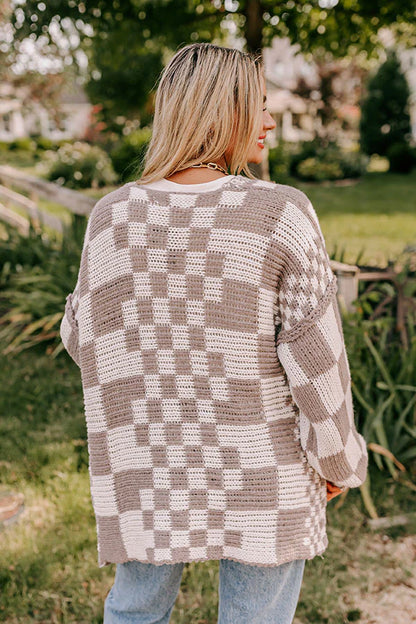 Oversized Checkerboard Chunky Cardigan Sweater