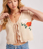 BLUE IVY WOMEN'S EMBROIDERED CAP SLEEVE OPEN FRONT SELF-TIE KNIT TOP