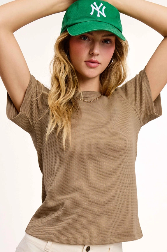 La Miel Soft Waffle Knit Slim Fitted Short Sleeve Top