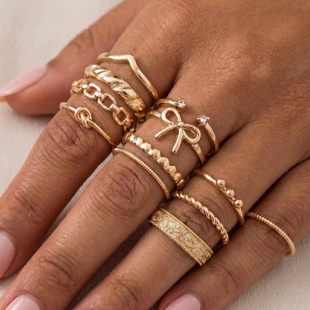 Crystal Bow And Chevron Stacking Ring Set