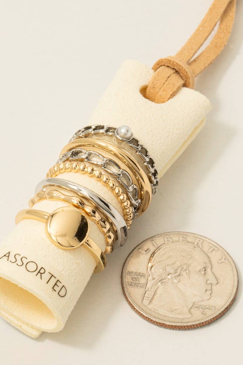 Fame Pearl Stud Mixed Chain 7Pc Band Rings Set