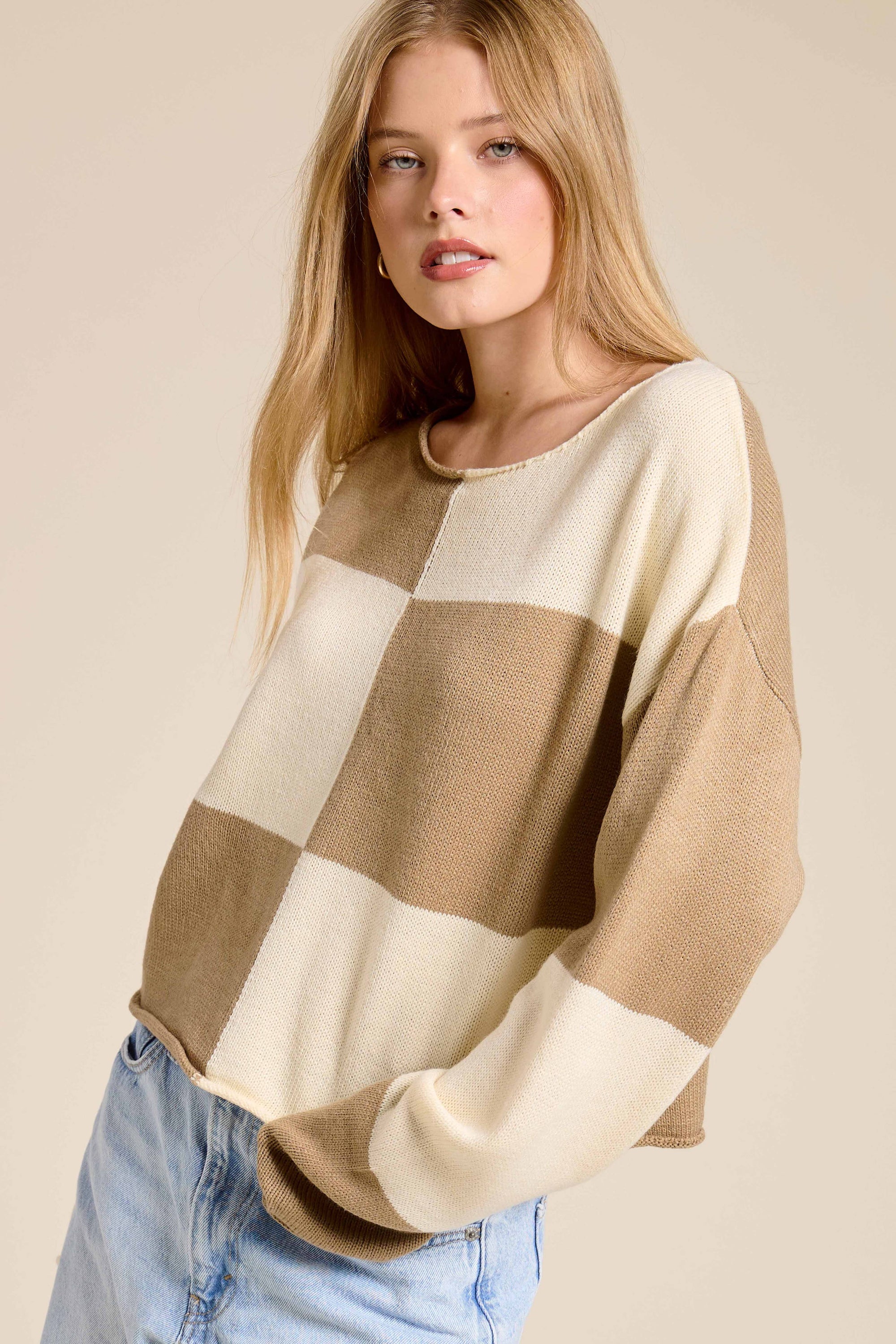 Checkered Sweater Loose Fit Rolled Hem Sweater