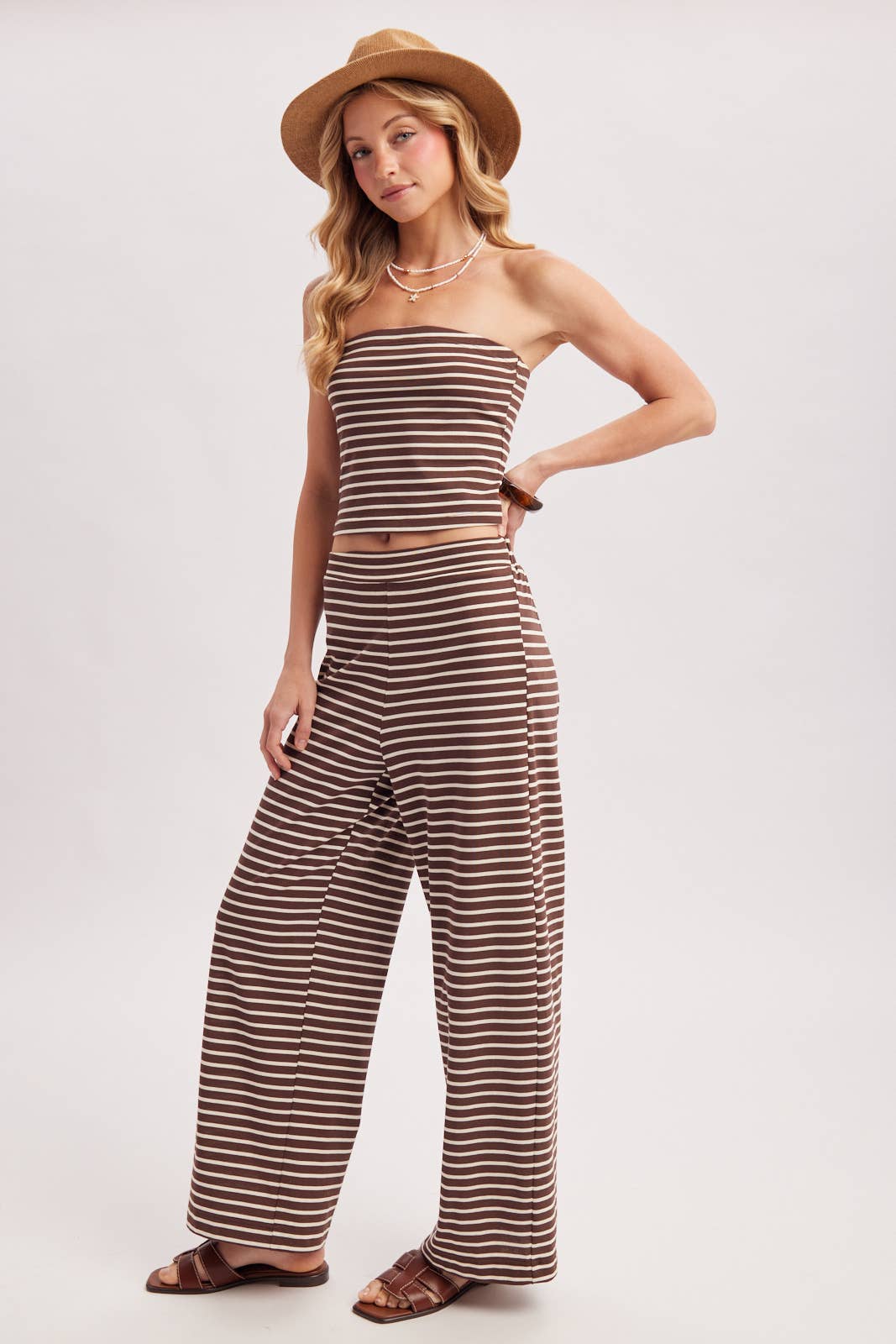 Bluivy Women's Striped Knit Tube And Wide Pants Set
