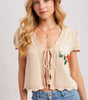 BLUE IVY WOMEN'S EMBROIDERED CAP SLEEVE OPEN FRONT SELF-TIE KNIT TOP