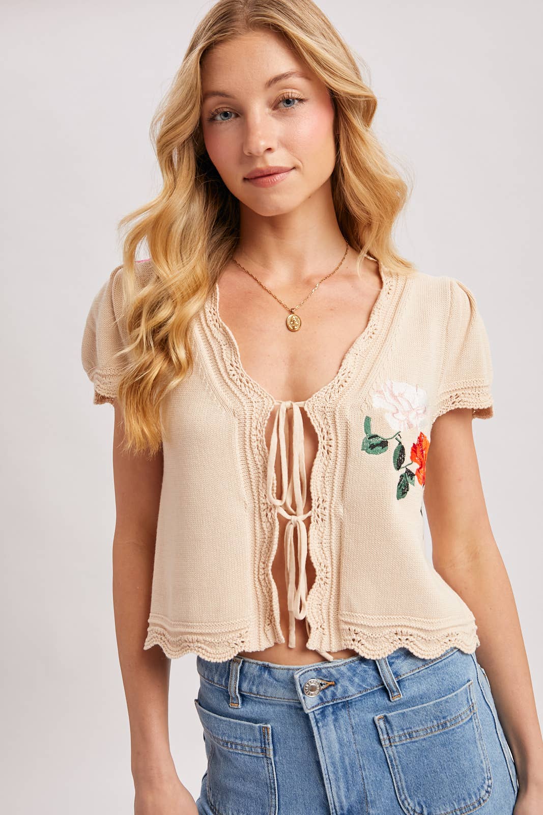 BLUE IVY WOMEN'S EMBROIDERED CAP SLEEVE OPEN FRONT SELF-TIE KNIT TOP