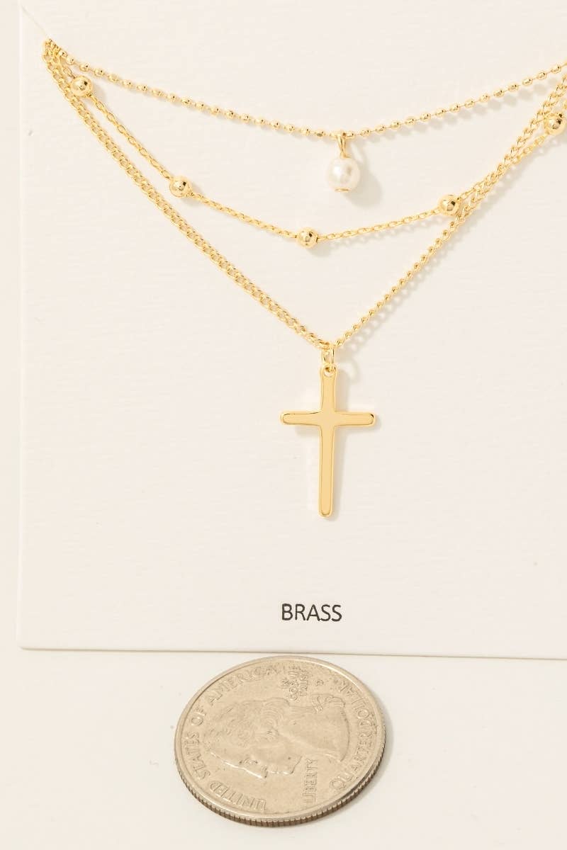 Fame Layered Chains Cross And Pearl Charm Necklace