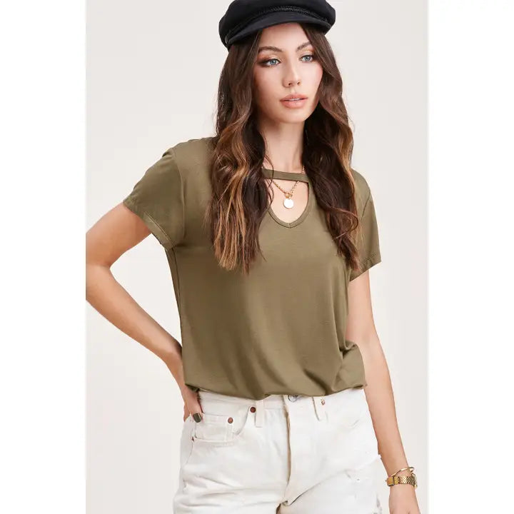 La Miel Stretchy Front Cutout Design Short Sleeve Basic Top
