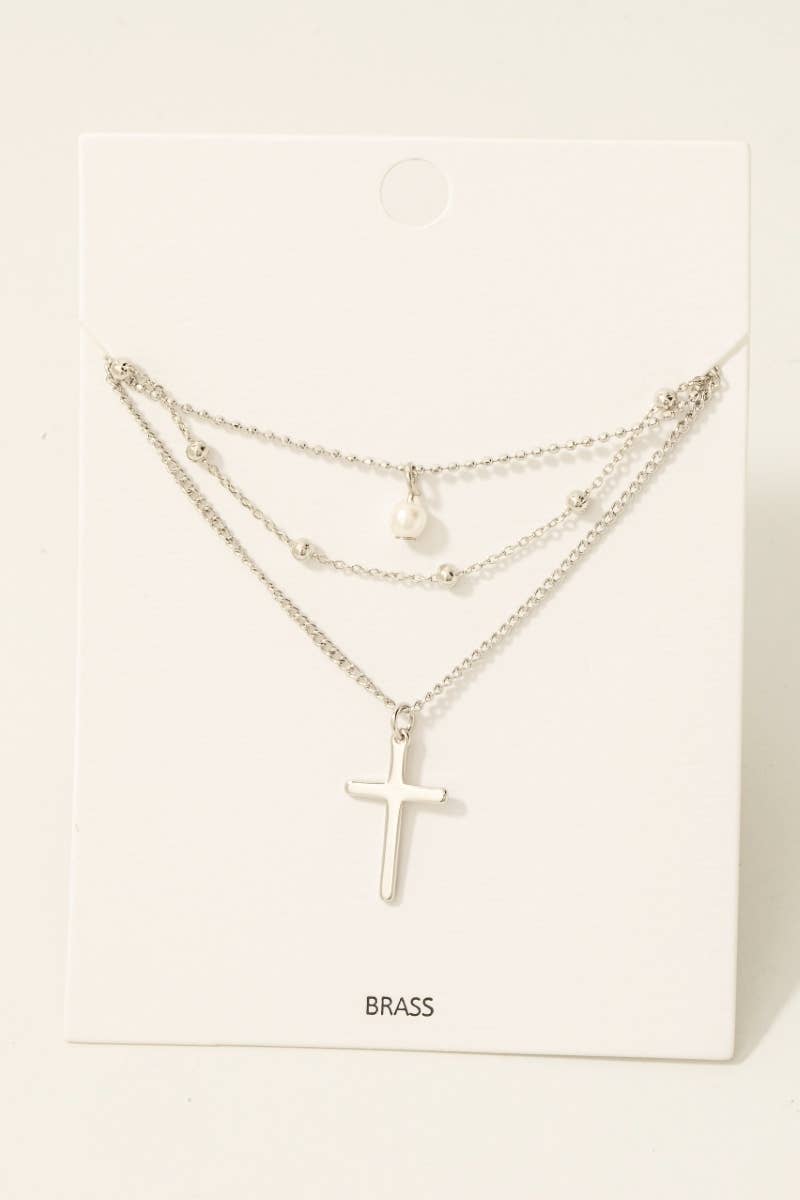 Fame Layered Chains Cross And Pearl Charm Necklace