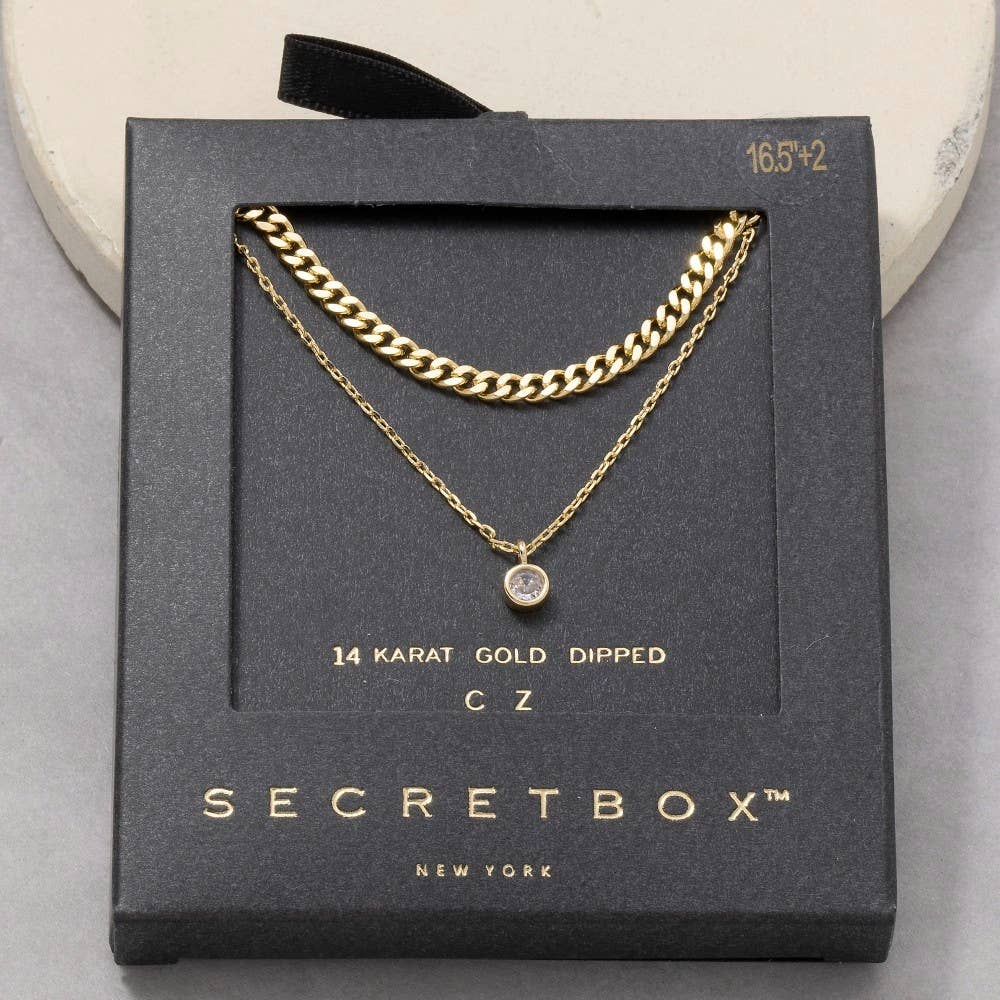 Secret Box Gold Dipped Layered Chain Cz Charm Necklace