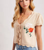 BLUE IVY WOMEN'S EMBROIDERED CAP SLEEVE OPEN FRONT SELF-TIE KNIT TOP