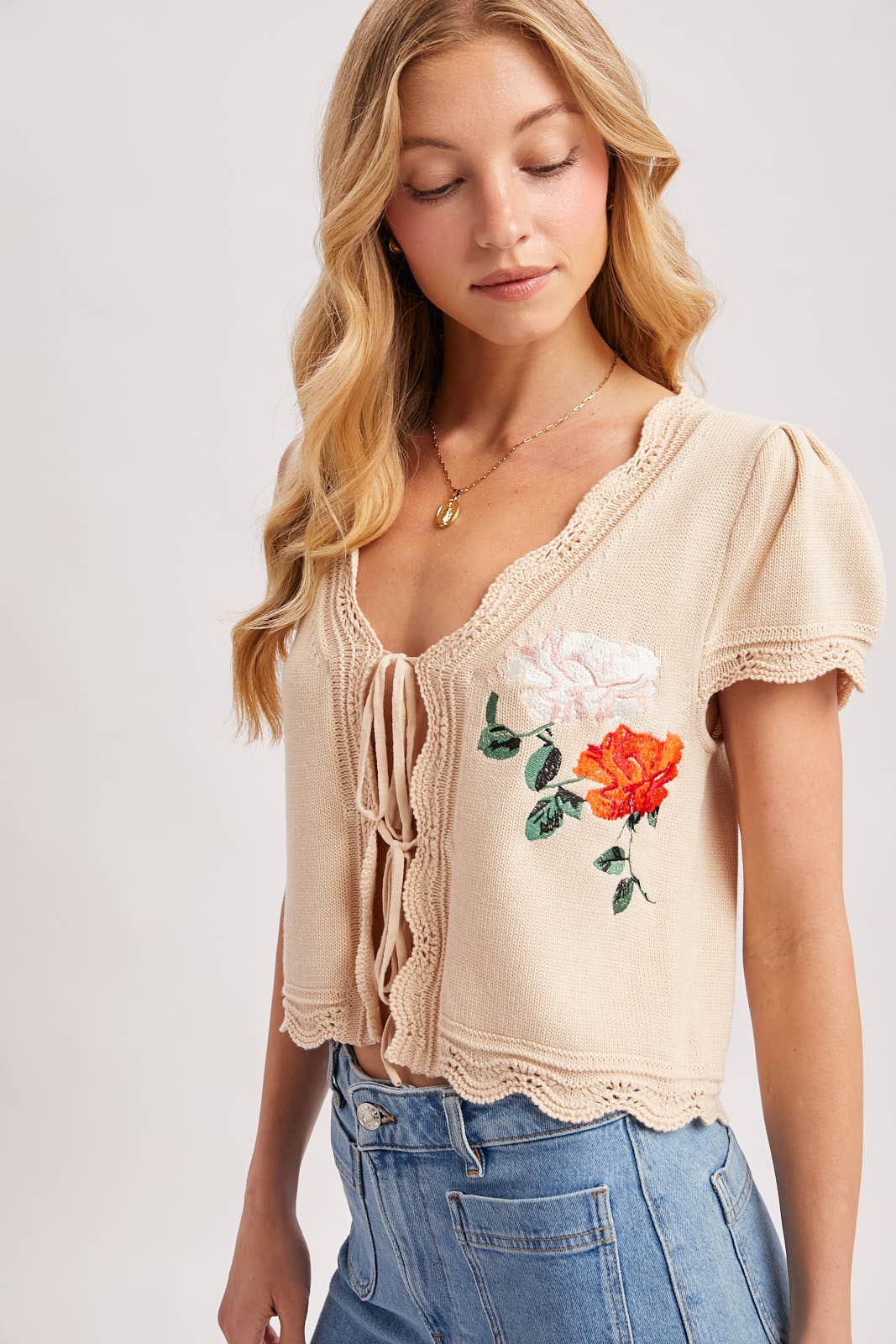 BLUE IVY WOMEN'S EMBROIDERED CAP SLEEVE OPEN FRONT SELF-TIE KNIT TOP