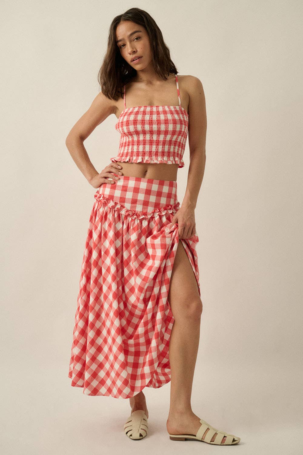 Promesa Gingham Plaid Smocked Cropped Ruffle Cami Top