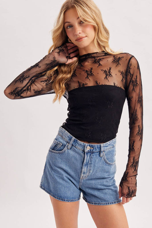 BLUIVY FLORAL EMBROIDERY LACE MESH LAYERING TOP