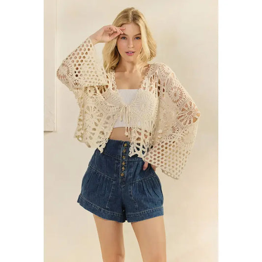Veveret Women's Crochet Bell Sleeve Top with Tie Front