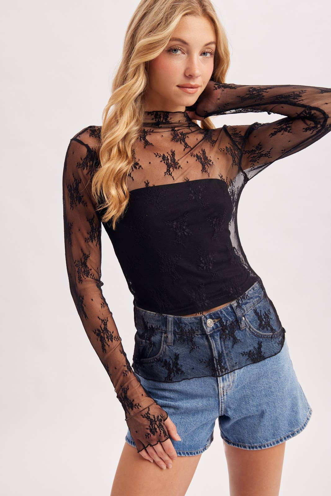 BLUIVY FLORAL EMBROIDERY LACE MESH LAYERING TOP