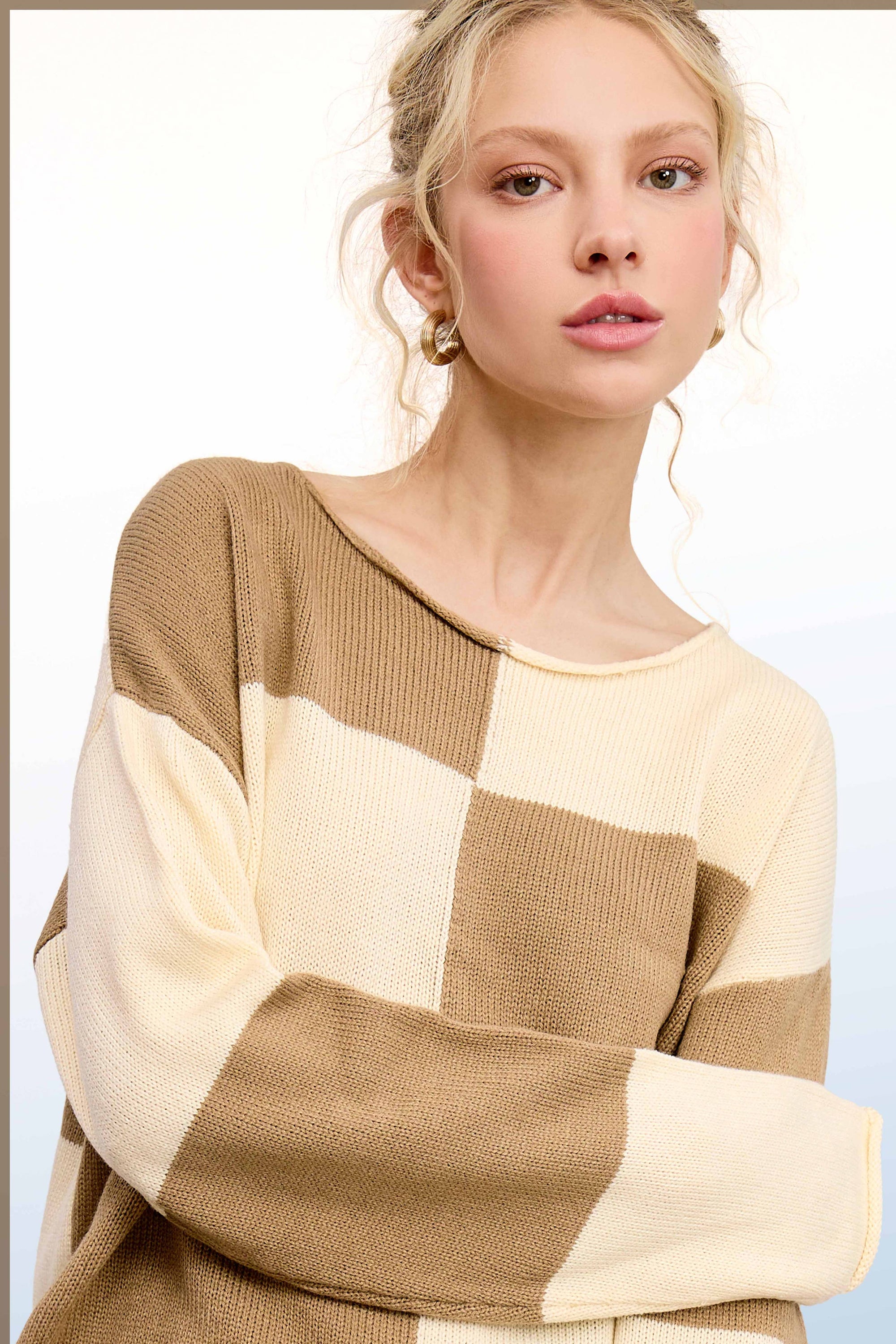 Checkered Sweater Loose Fit Rolled Hem Sweater