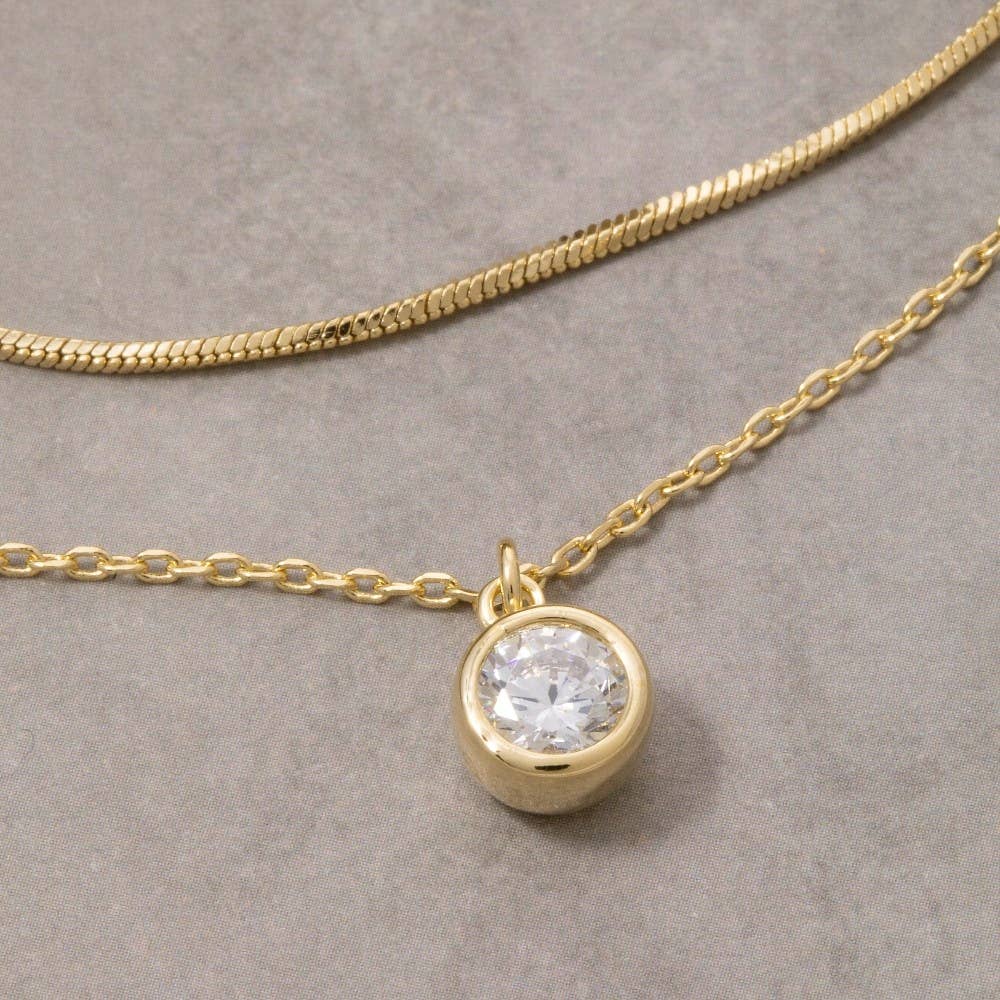 Round Cz Pendant Layered Chains Necklace