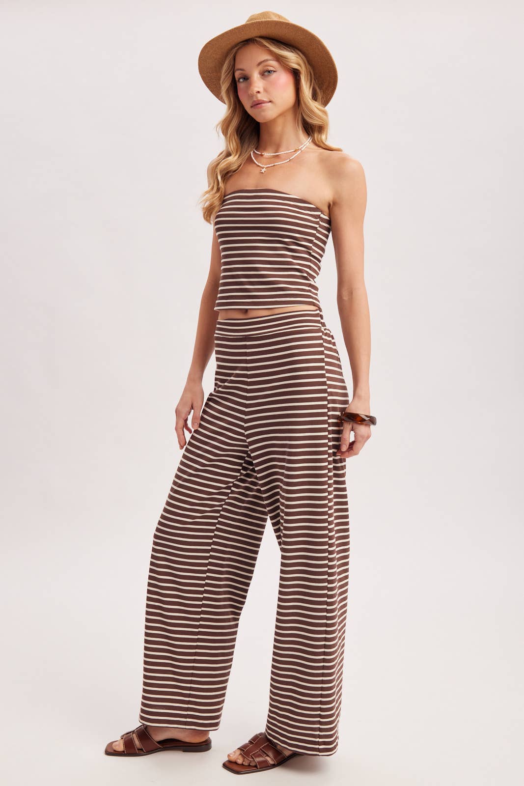 Bluivy Women's Striped Knit Tube And Wide Pants Set