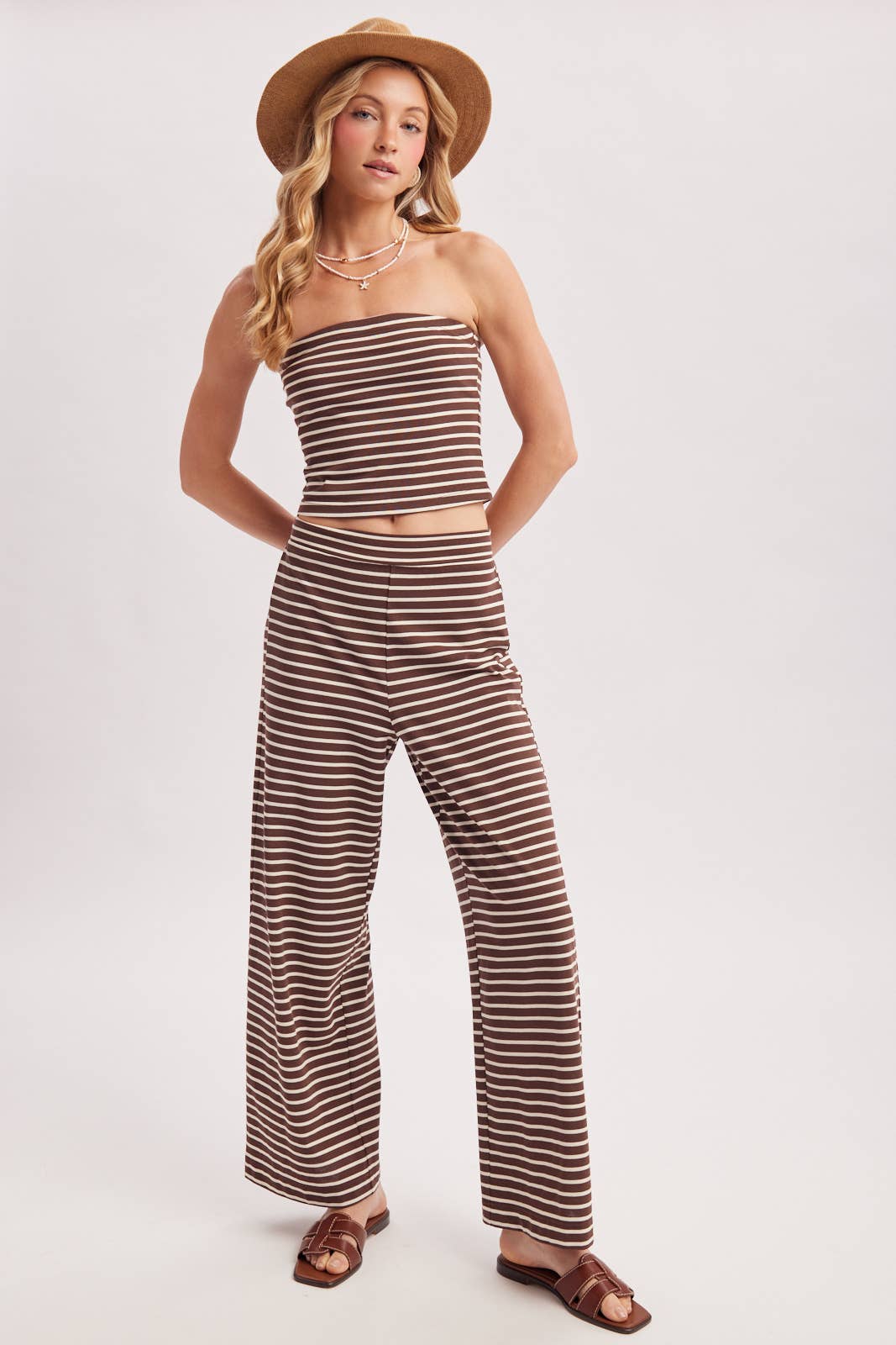 Bluivy Women's Striped Knit Tube And Wide Pants Set