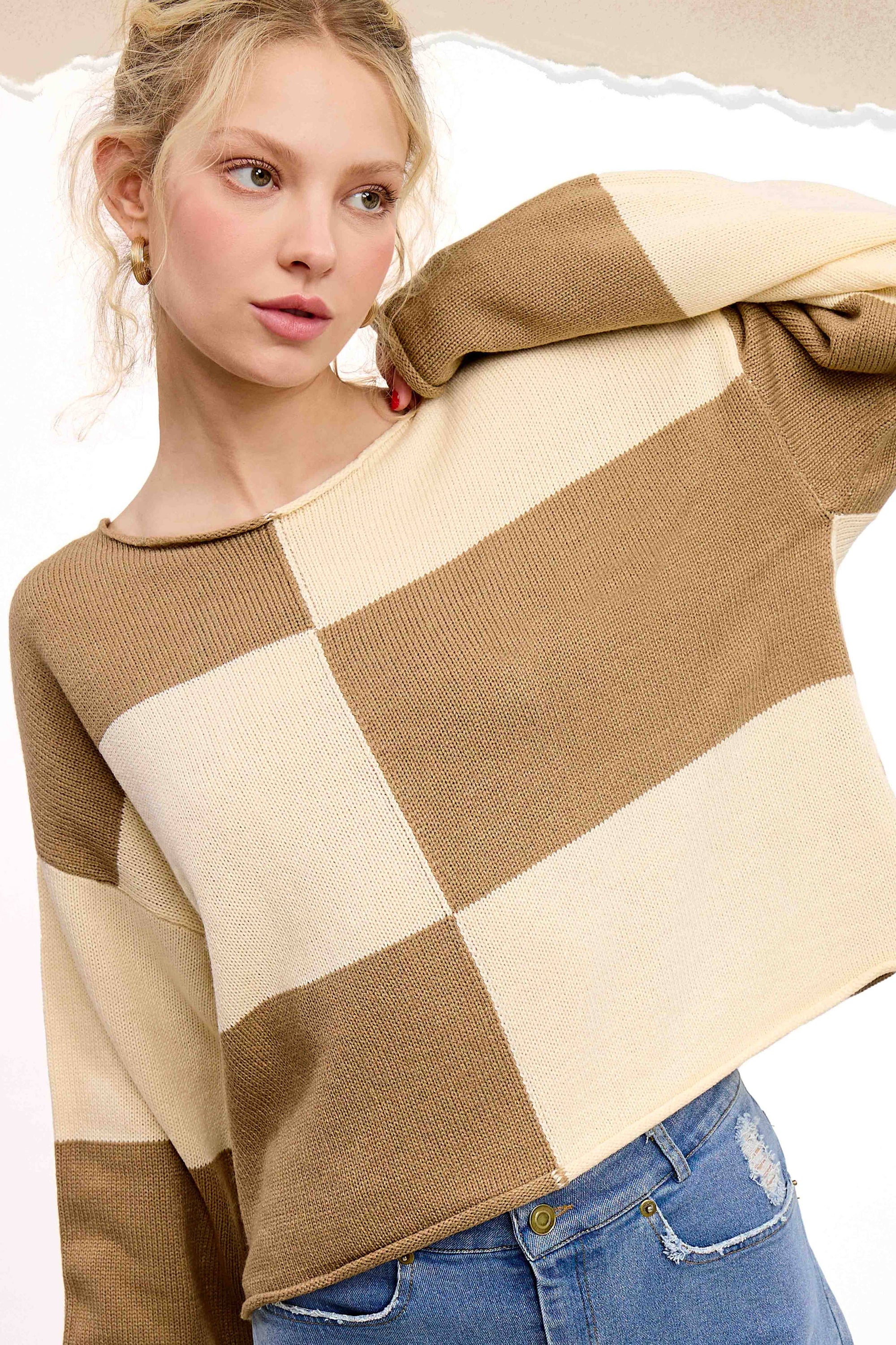 Checkered Sweater Loose Fit Rolled Hem Sweater