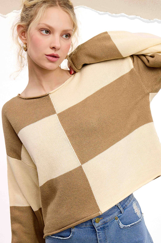 Checkered Sweater Loose Fit Rolled Hem Sweater