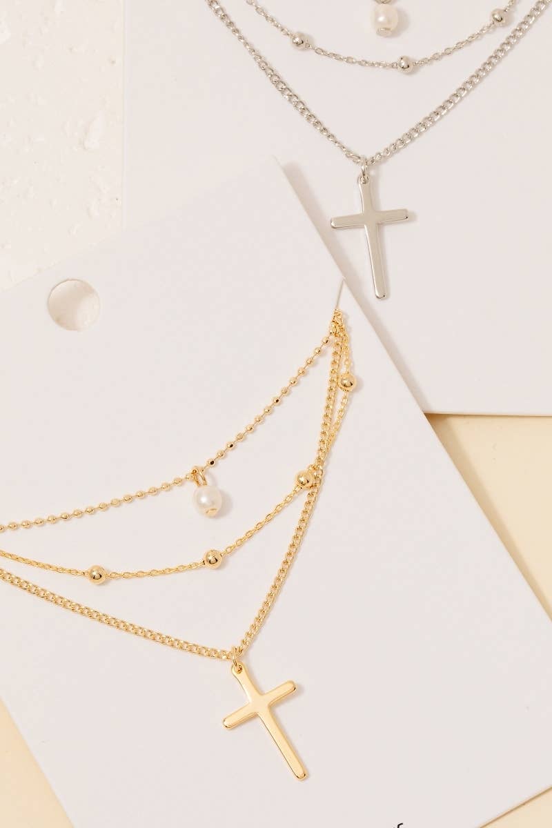Fame Layered Chains Cross And Pearl Charm Necklace