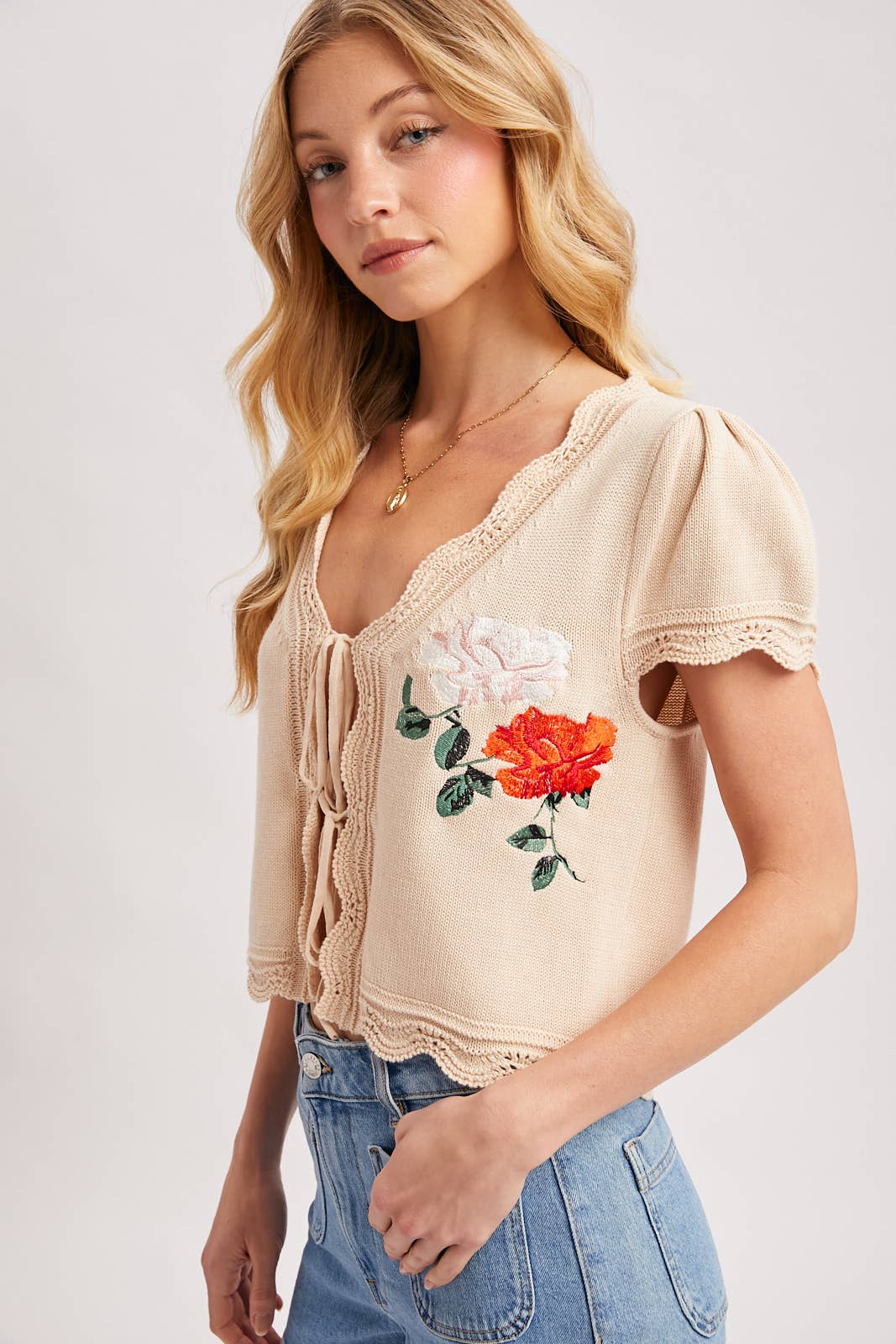 BLUE IVY WOMEN'S EMBROIDERED CAP SLEEVE OPEN FRONT SELF-TIE KNIT TOP