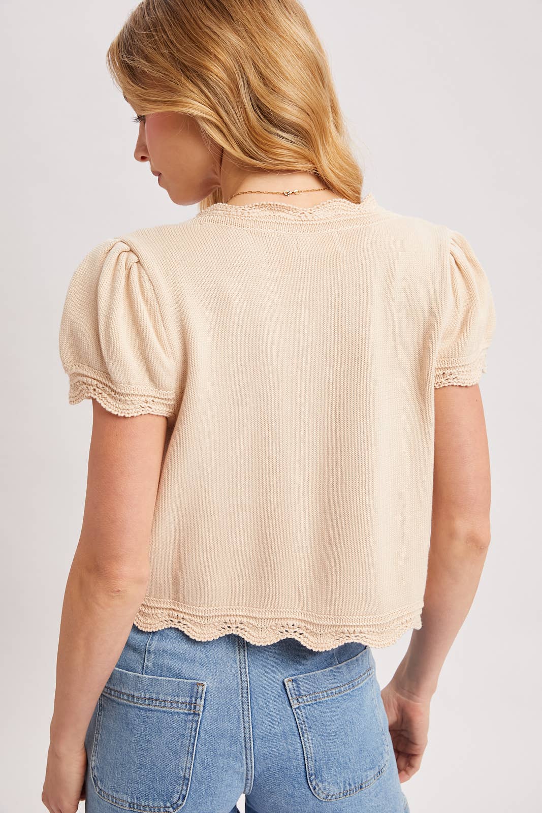 BLUE IVY WOMEN'S EMBROIDERED CAP SLEEVE OPEN FRONT SELF-TIE KNIT TOP