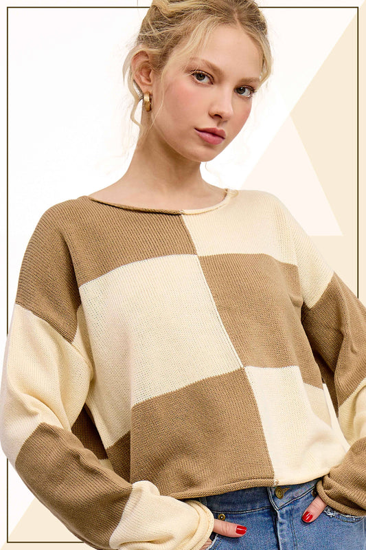 Checkered Sweater Loose Fit Rolled Hem Sweater