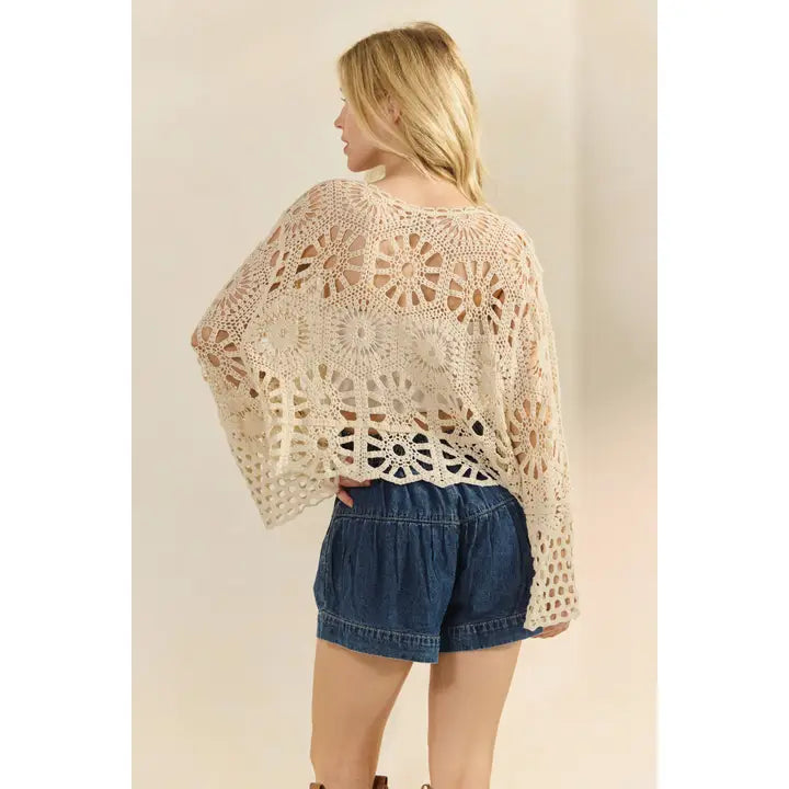 Veveret Women's Crochet Bell Sleeve Top with Tie Front