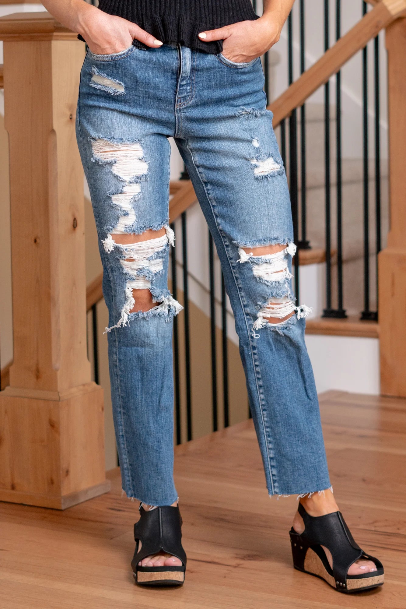 Distressed High Rise Relaxed Straight Jeans