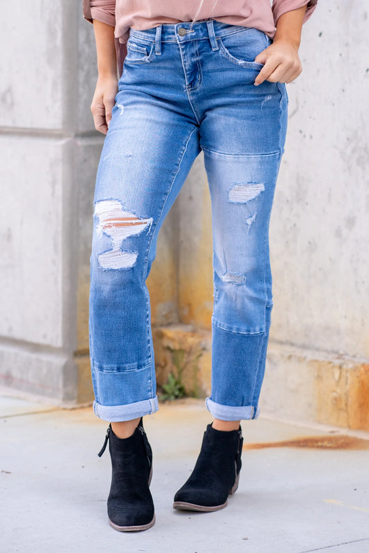 High Rise Color Block Cuffed Boyfriend Jeans