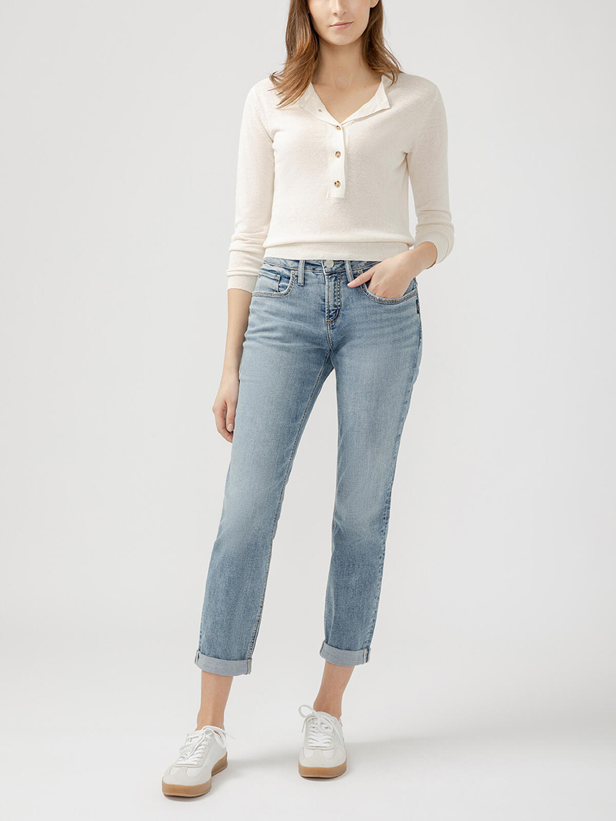 Silver Boyfriend Mid Rise Slim Leg Luxe Stretch Jeans