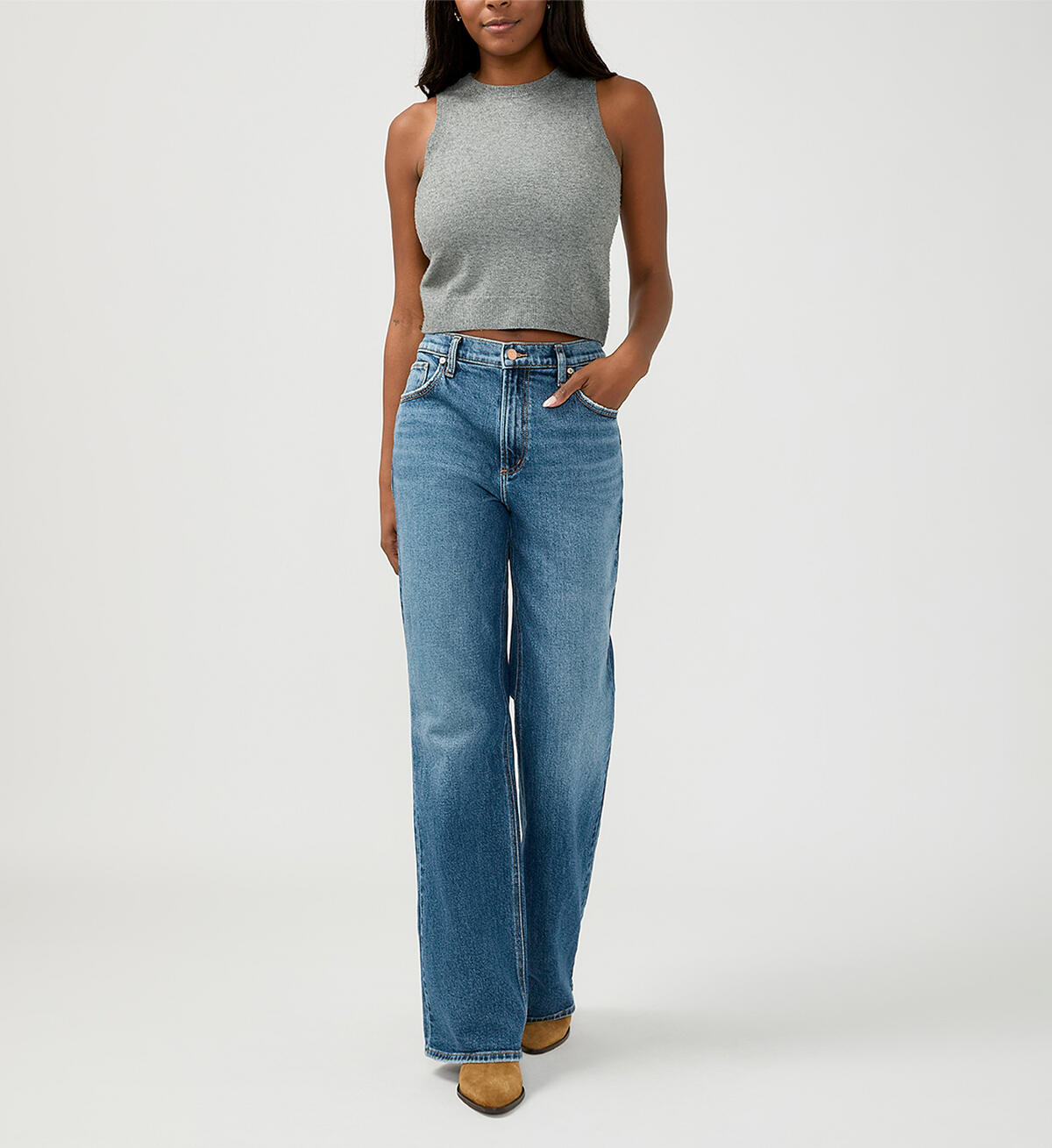 Silver Baggy Mid Rise Bootcut Jeans