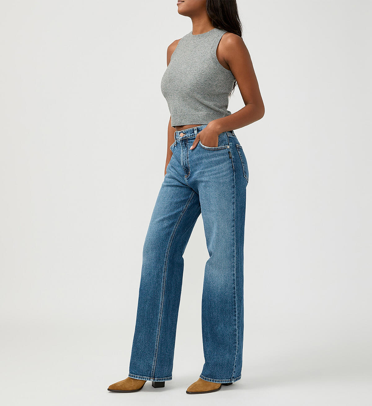 Silver Baggy Mid Rise Bootcut Jeans