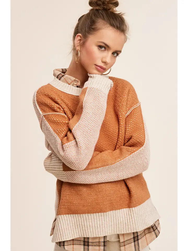 La Miel Women's Loose Fit Color Block Textured Round Neck Sweater