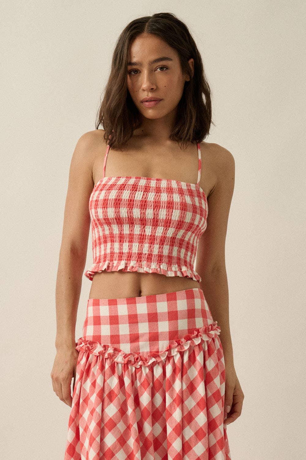 Promesa Gingham Plaid Smocked Cropped Ruffle Cami Top